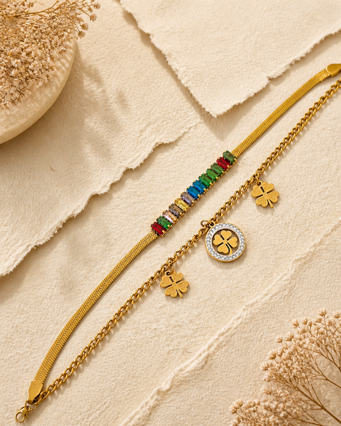 Multicolored Baguette Gemstones Set in a Sleek Gold Chain: A Touch of Luck and Elegance 🌟