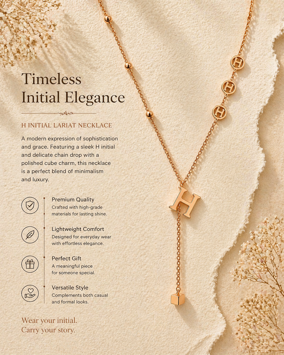 MM Jewelry: Elegant Rose Gold Necklace with “H” Medallions and Pendant