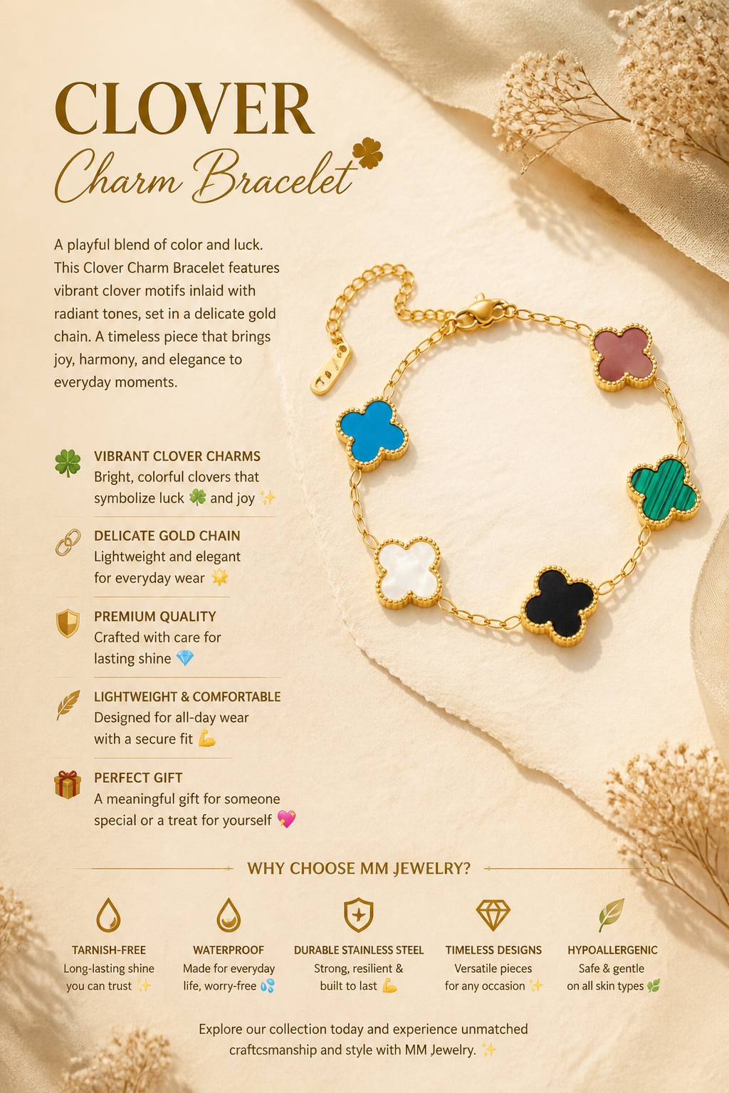 Colorful Clover Charm Bracelet: Timeless Luck &amp Elegance 🌿