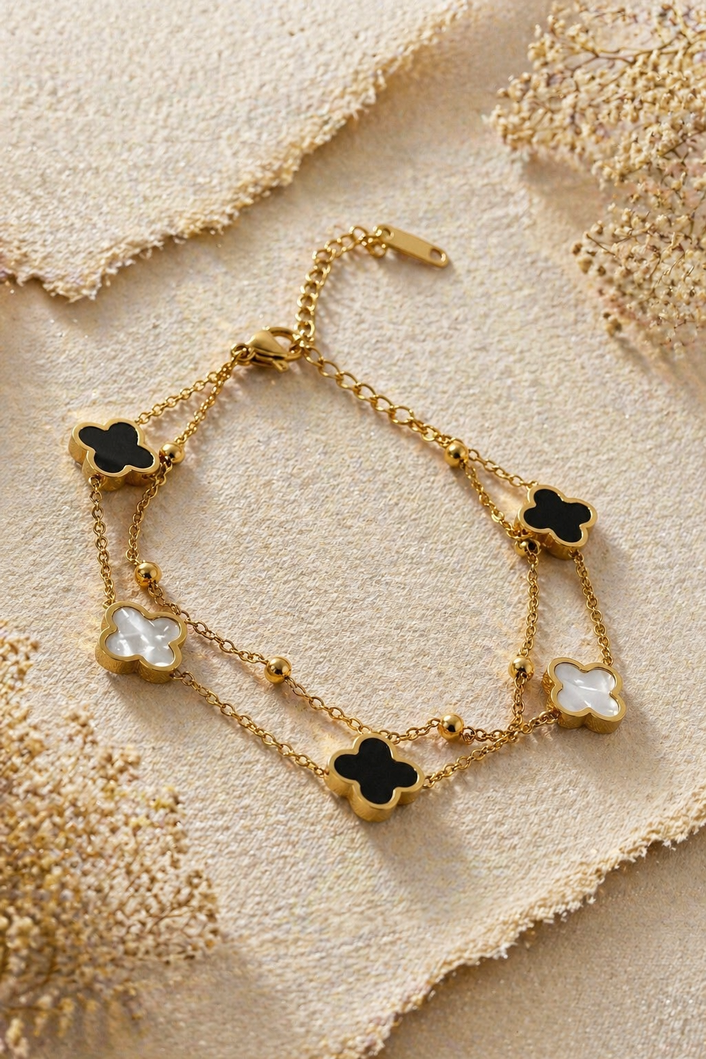 🌟 MM Jewelry | 🌟 Double Chain Black & White clover Bracelet 🌟 Timeless Beauty, Thoughtfully Designed.