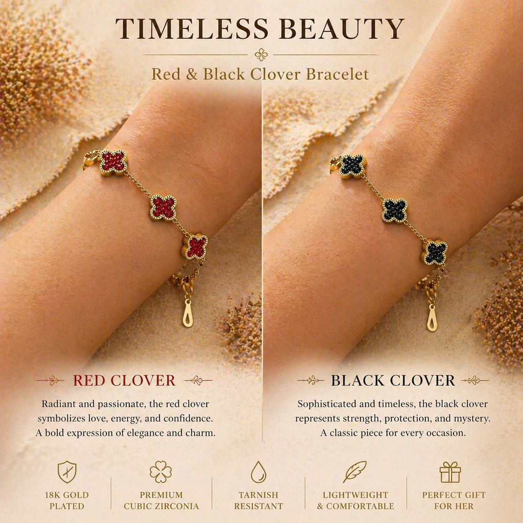 MM Jewelry Shiny Clover Charm Bracelet - Black & Red Collection