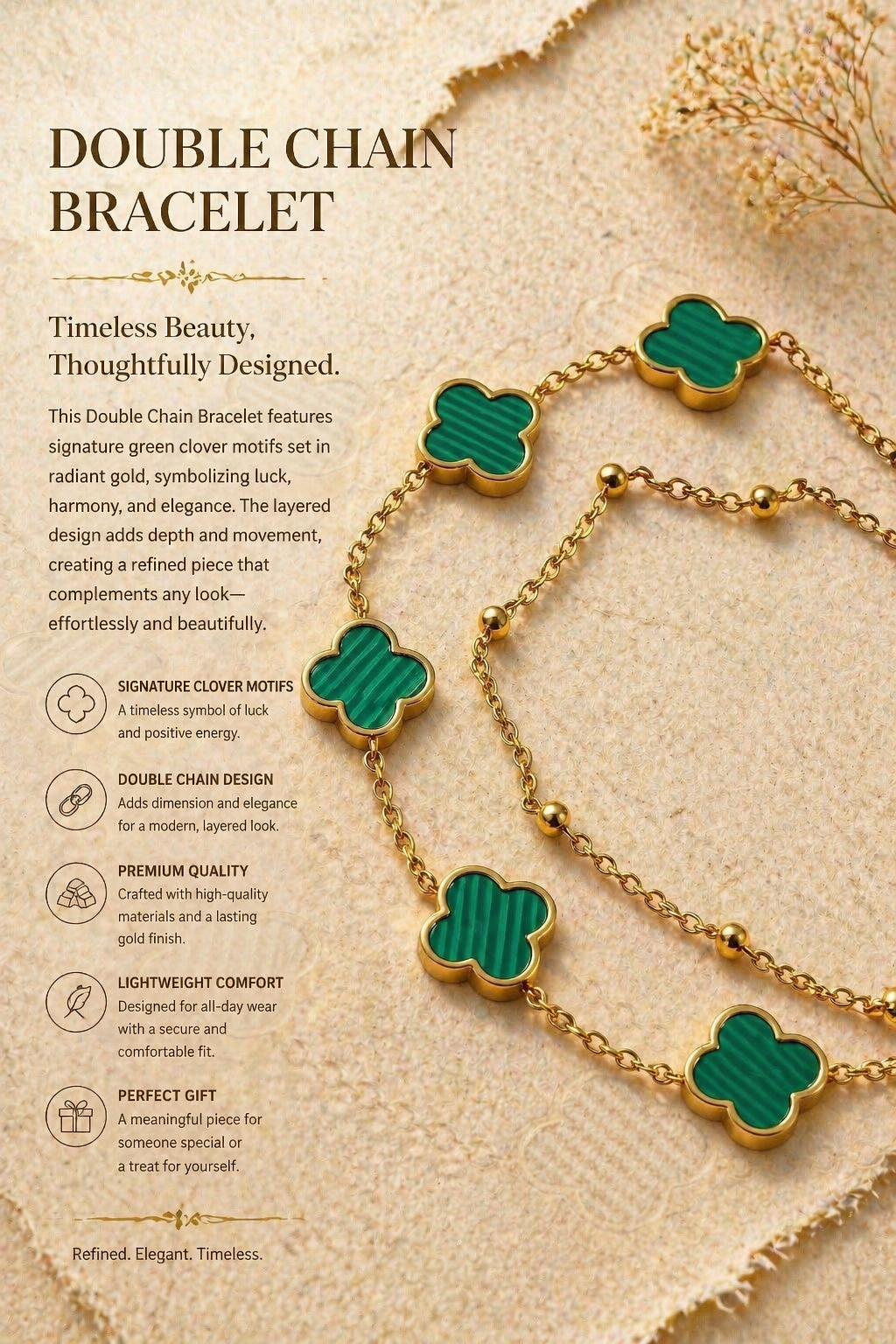 🌟 MM Jewelry | 🌟 Double Chain Green clover Bracelet 🌟 Timeless Beauty, Thoughtfully Designed. ✨