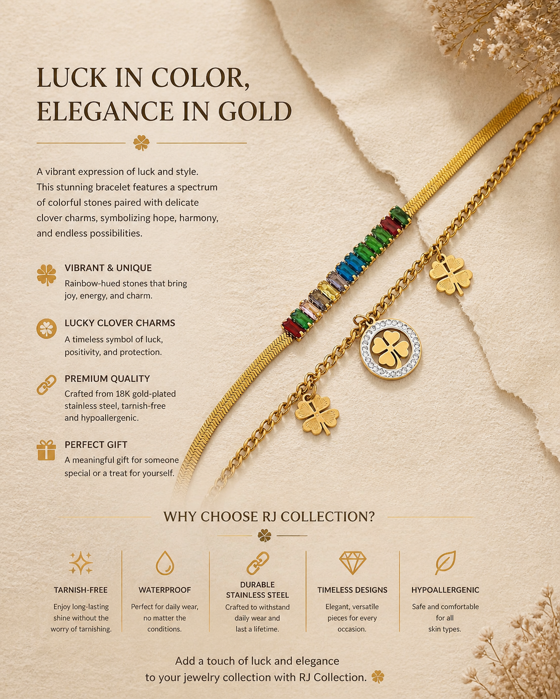 Multicolored Baguette Gemstones Set in a Sleek Gold Chain: A Touch of Luck and Elegance 🌟