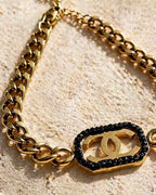 Luxury Gold Chanel Chain Bracelet with Black Gemstone Accent