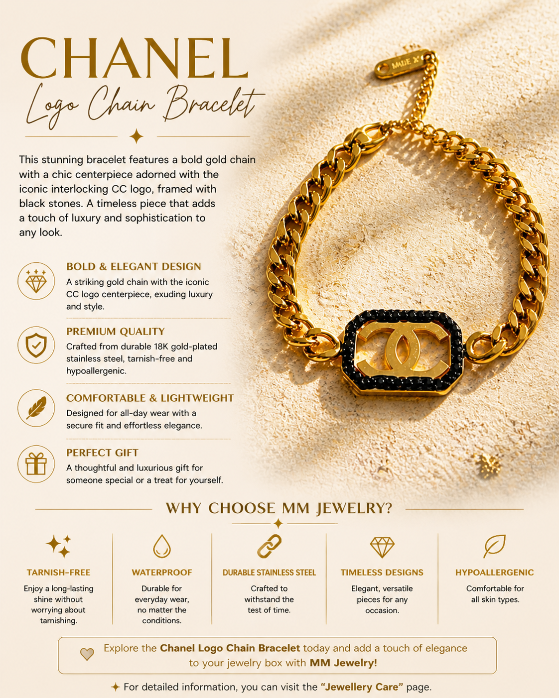 Luxury Gold Chanel Chain Bracelet with Black Gemstone Accent